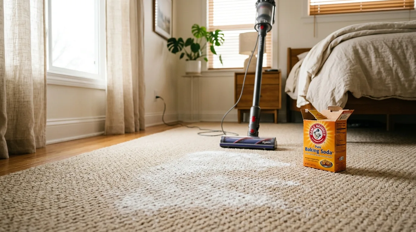 Box of baking soda next to carpet with a vacuum nearby, ready for deodorizing