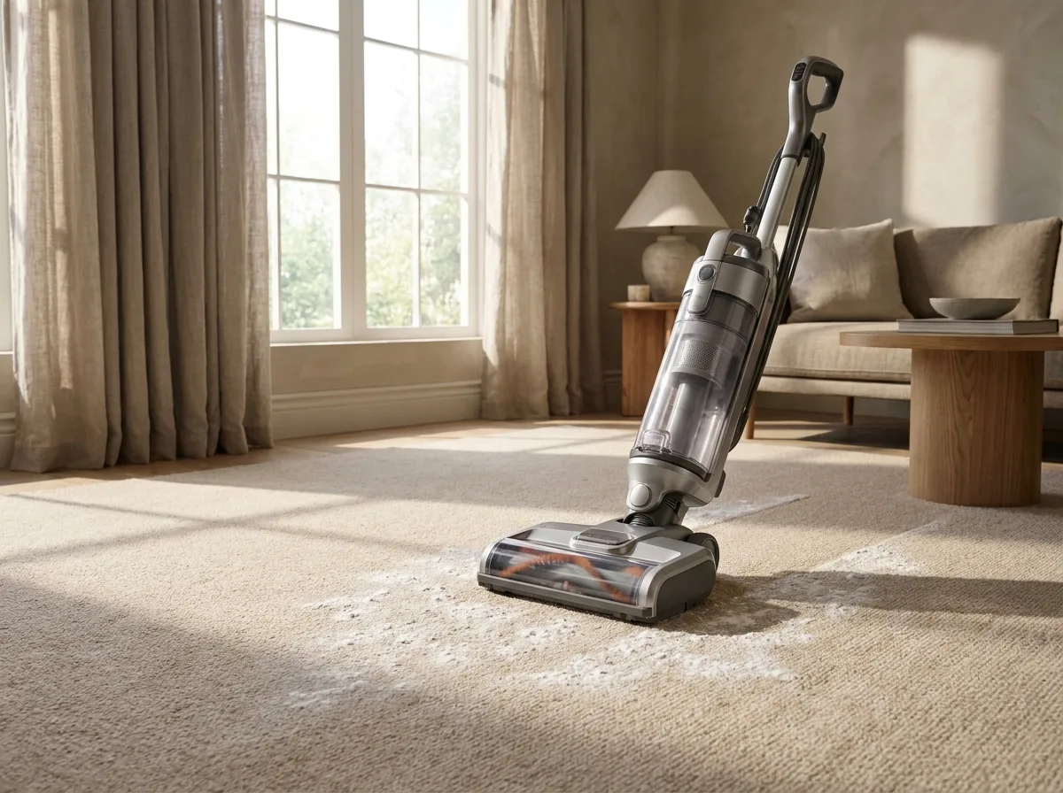 Person vacuuming carpet in a bright San Diego living room