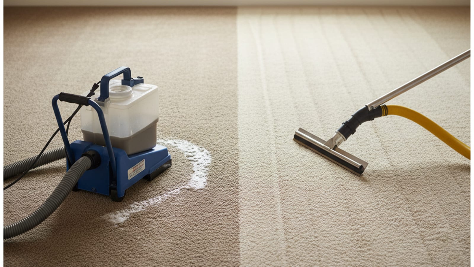 Side-by-side carpet comparison — one half cleaned by a rental machine still visibly damp, the other half cleaned by professional truck-mounted extraction already dry and bright