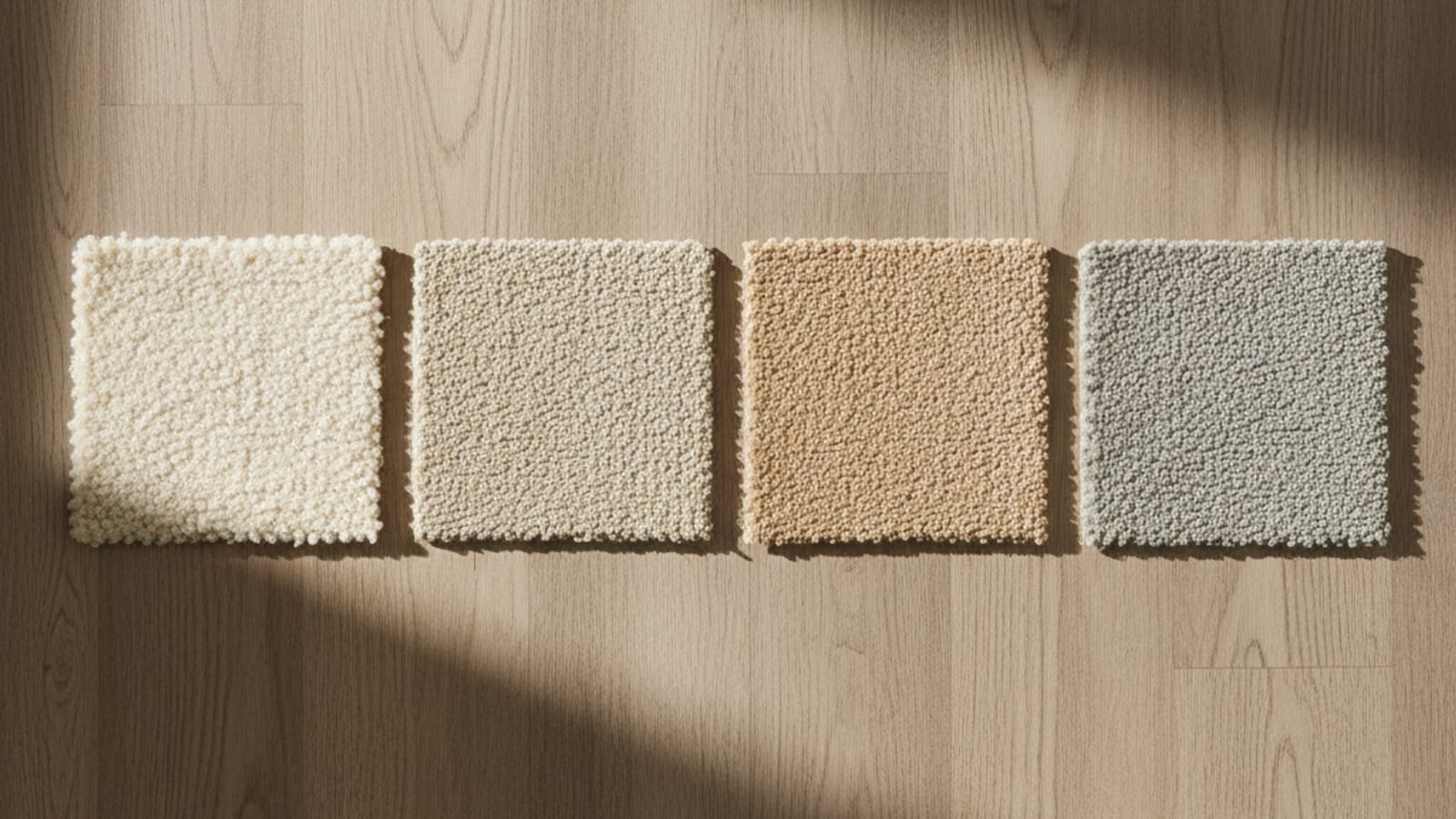 Four carpet fiber sample swatches laid side by side on a warm wood surface showing wool nylon polyester and olefin pile differences