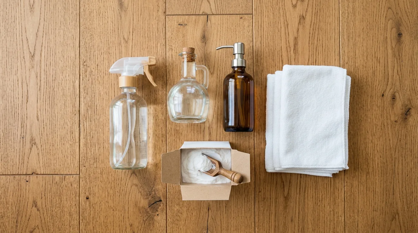 Spray bottle and cleaning supplies next to carpet being spot cleaned at home