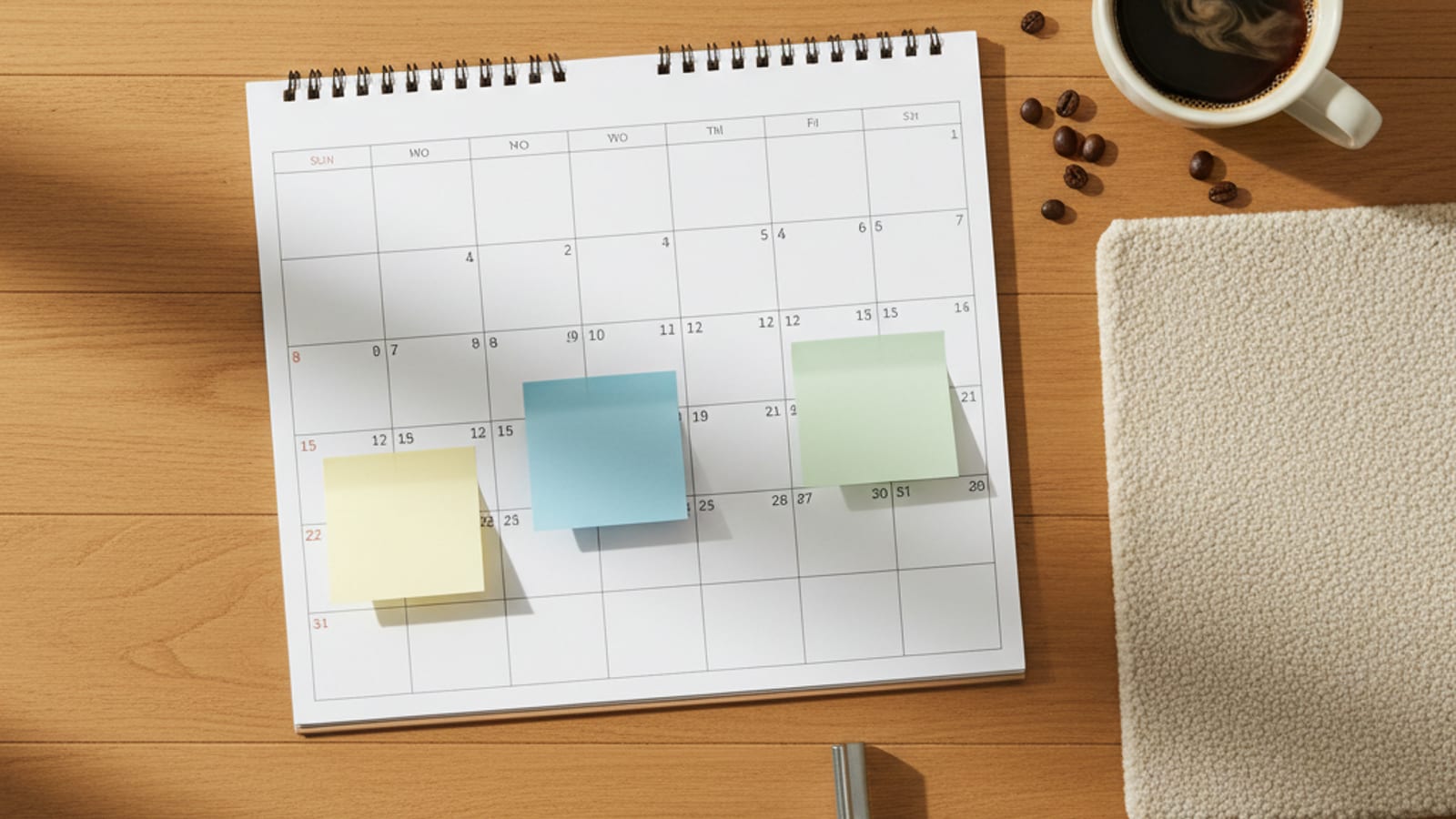 Overhead flat-lay of a wall calendar with cleaning reminder stickies, a soft carpet rake, and a cup of coffee on a warm wood surface