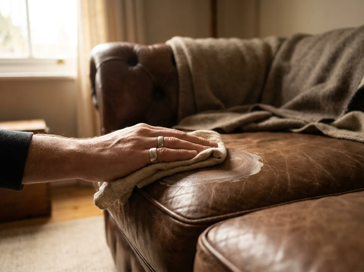 Leather conditioner being applied to a brown leather sofa with a soft cloth