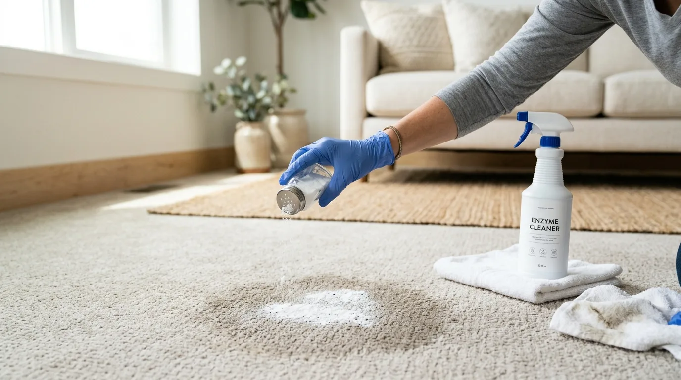 Carpet cleaning technician treating a stain on residential carpet in San Diego