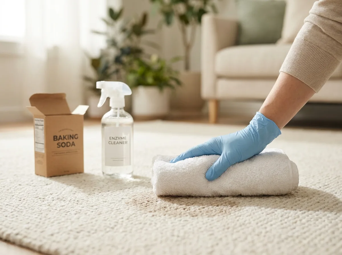 Enzyme cleaner bottle next to clean carpet after stain treatment