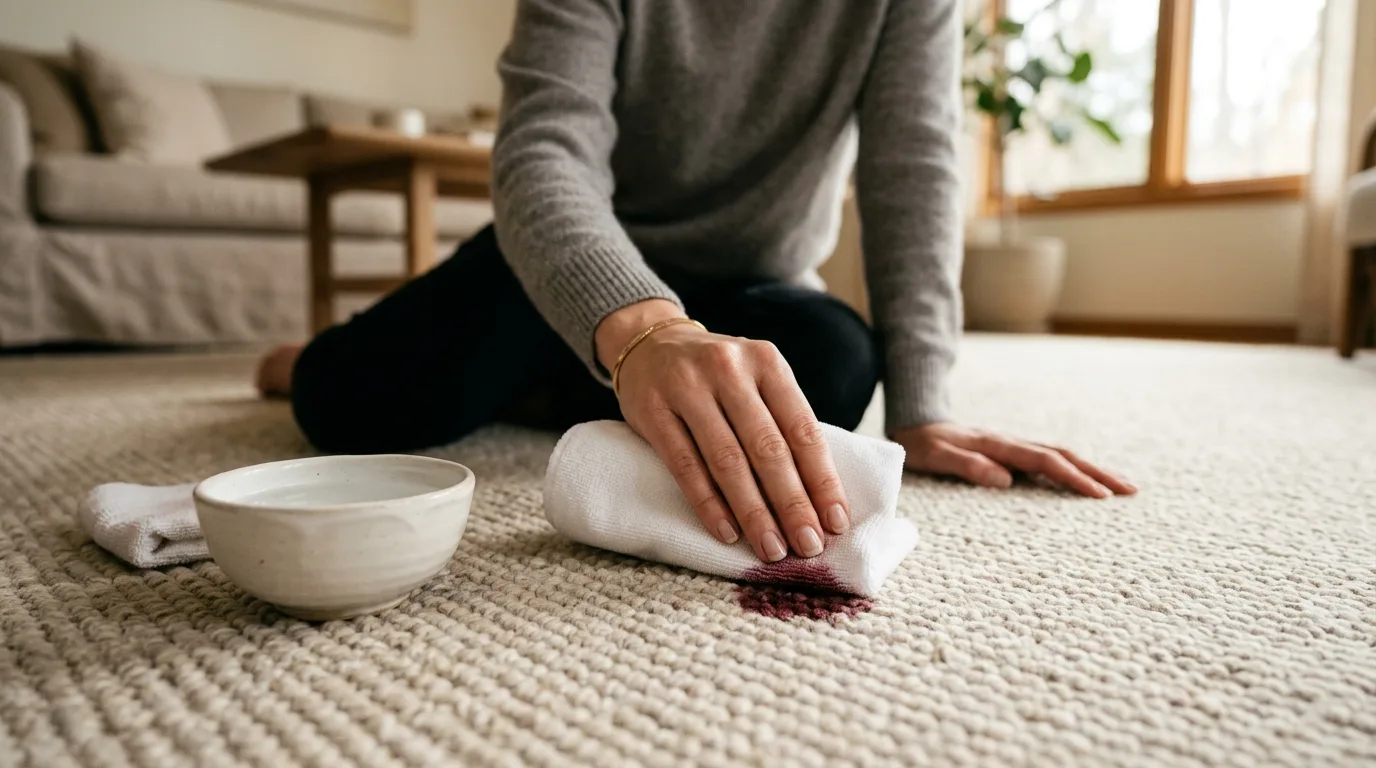 Close-up of a light-colored carpet with a dark stain being blotted with a white cloth and a bowl of cold water nearby