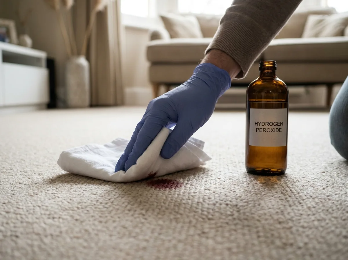 White cloth being pressed firmly onto a carpet stain to blot moisture without spreading it