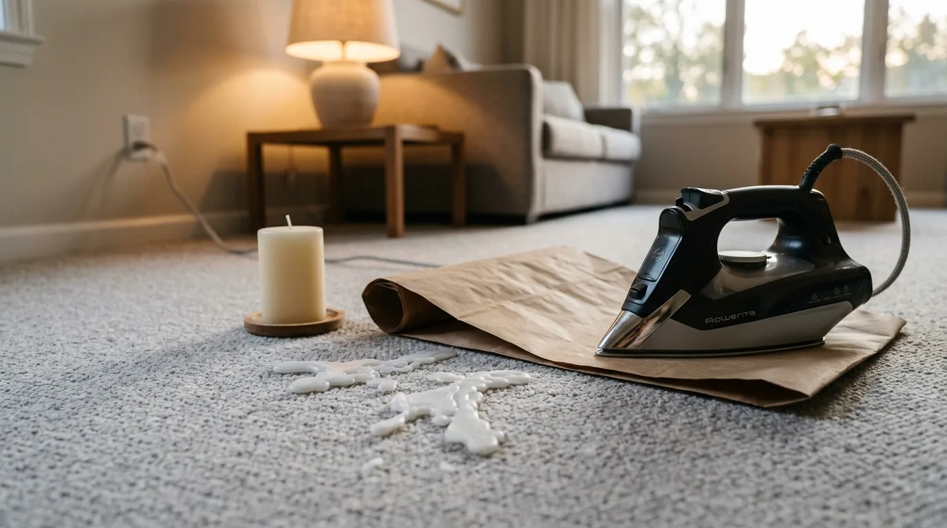 Close-up of carpet fibers with candle wax residue before cleaning