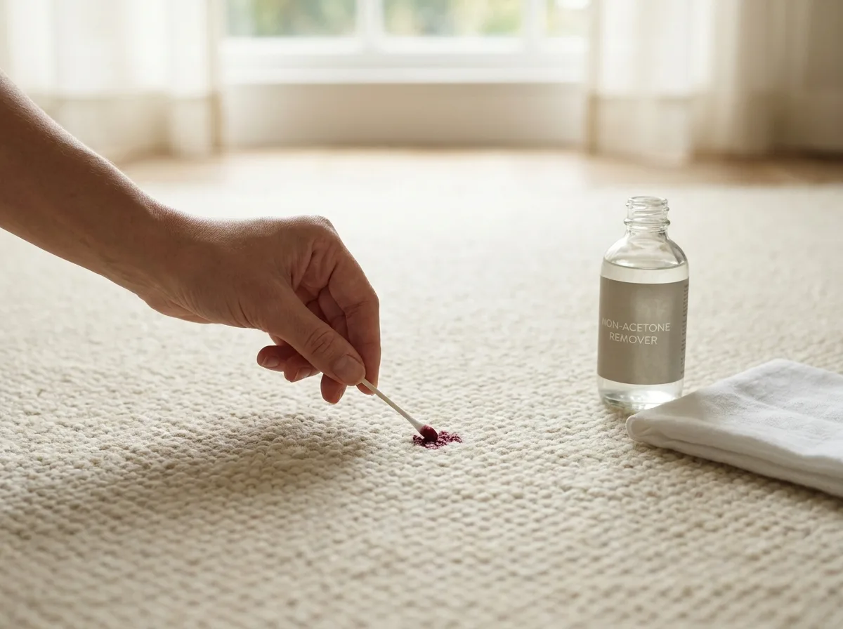 Carpet stain removal process showing a technician working on a light-colored carpet with a white cloth