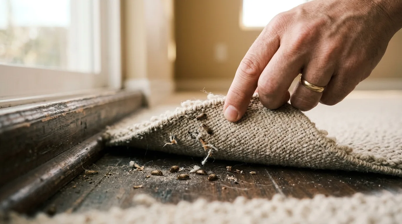 Close-up of carpet fibers showing early signs of carpet beetle damage along a baseboard edge