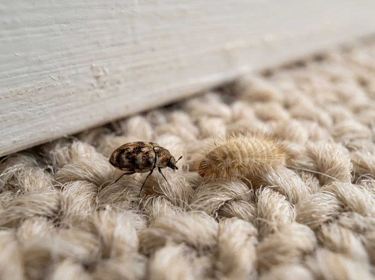 Vacuum cleaner moving slowly along a carpet edge near a baseboard to remove carpet beetle larvae and eggs