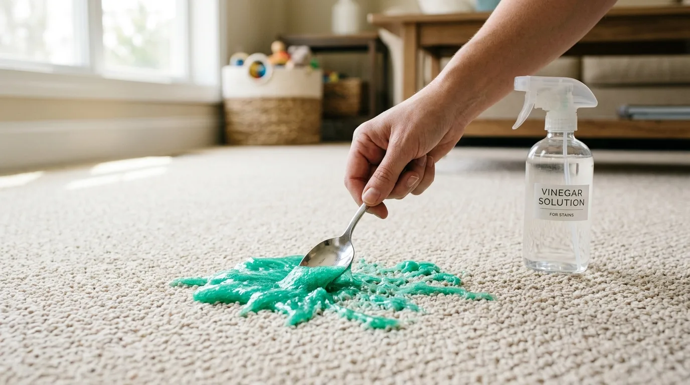 Colorful slime smeared on light-colored carpet fibers