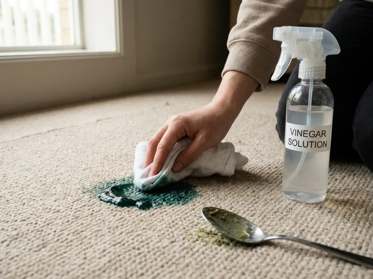 Blotting a stain out of carpet with a white cloth