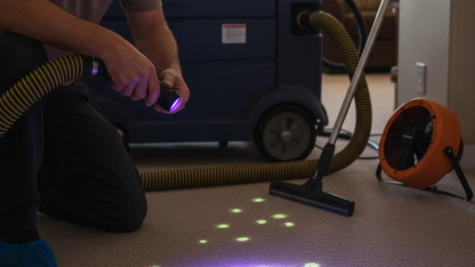 UV black light revealing multiple hidden pet urine deposits on carpet during a professional pet odor inspection
