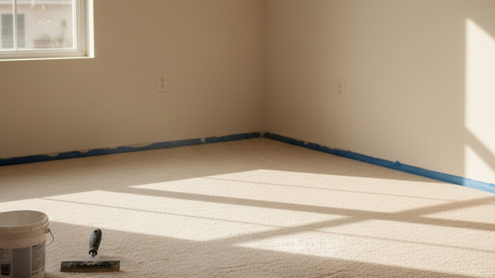 Fine drywall dust visible on newly installed light carpet in a partially finished room with painter tape still on baseboards