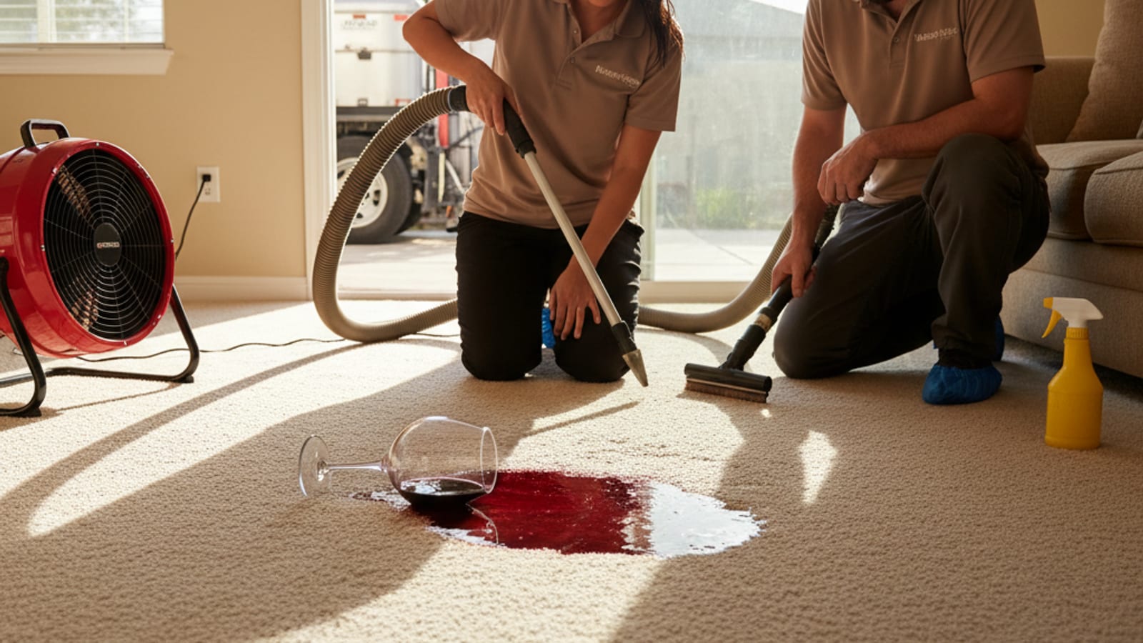 Wine glass tipped over on light-colored carpet with a fresh red wine spill spreading into the pile
