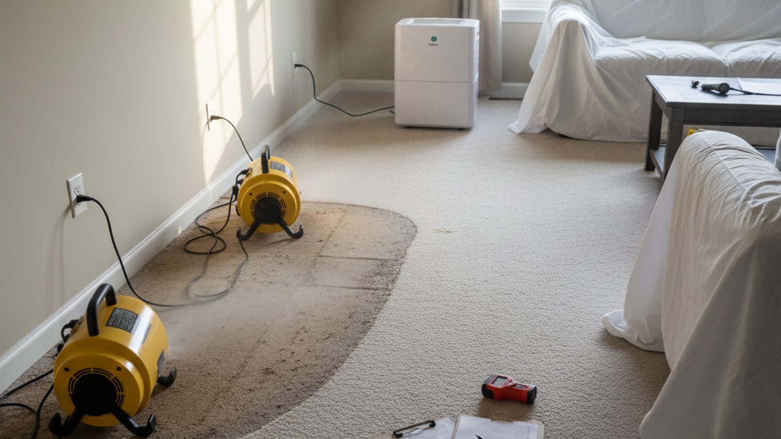 Flooded residential living room with wet carpet and commercial air movers deploying for structural drying