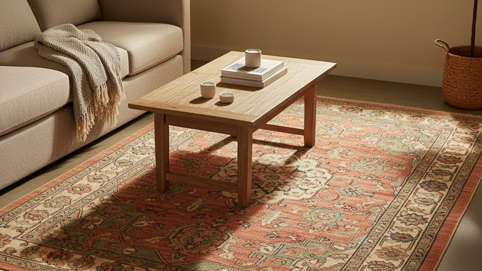 Hand-knotted wool area rug laid in a warm San Diego living room under natural light showing muted terracotta, sage, and cream pattern