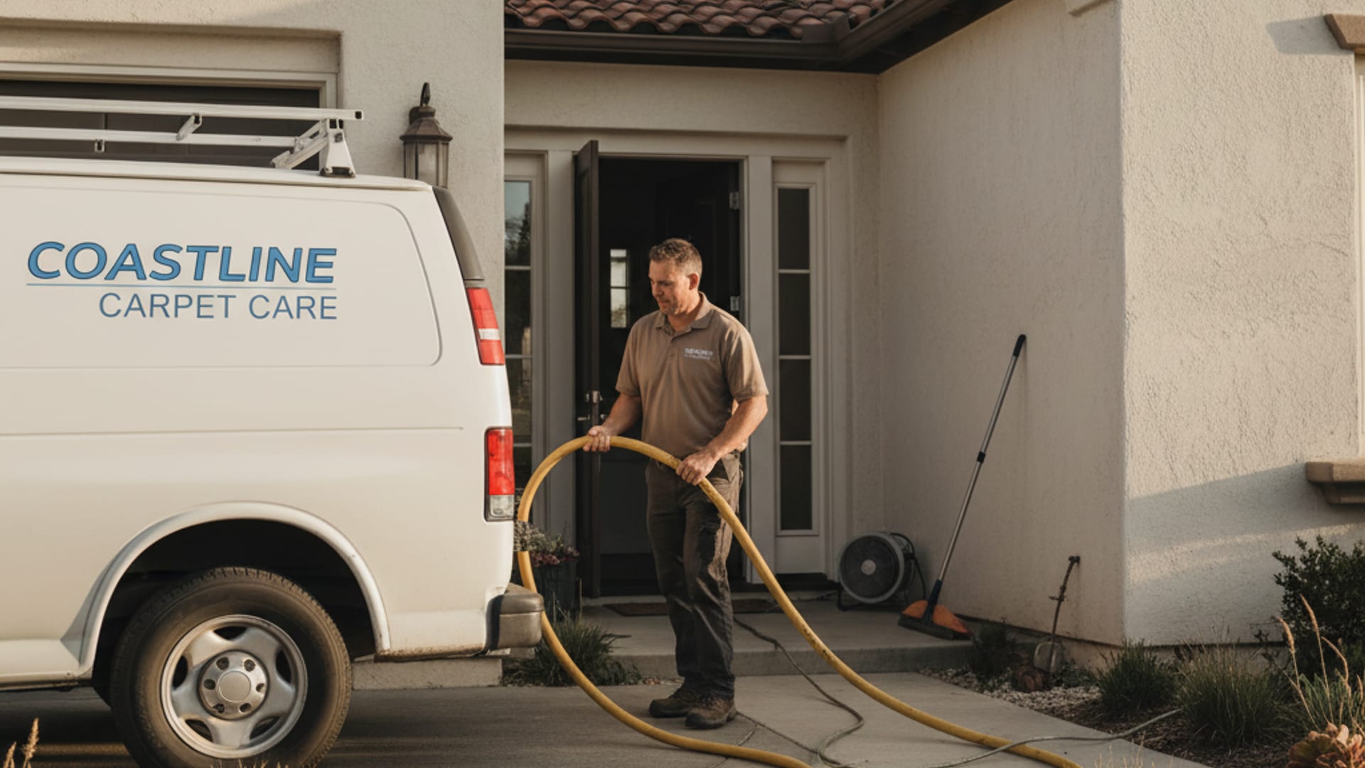 Carpet cleaning technician in a warm taupe polo setting up truck-mounted extraction equipment in a San Diego home