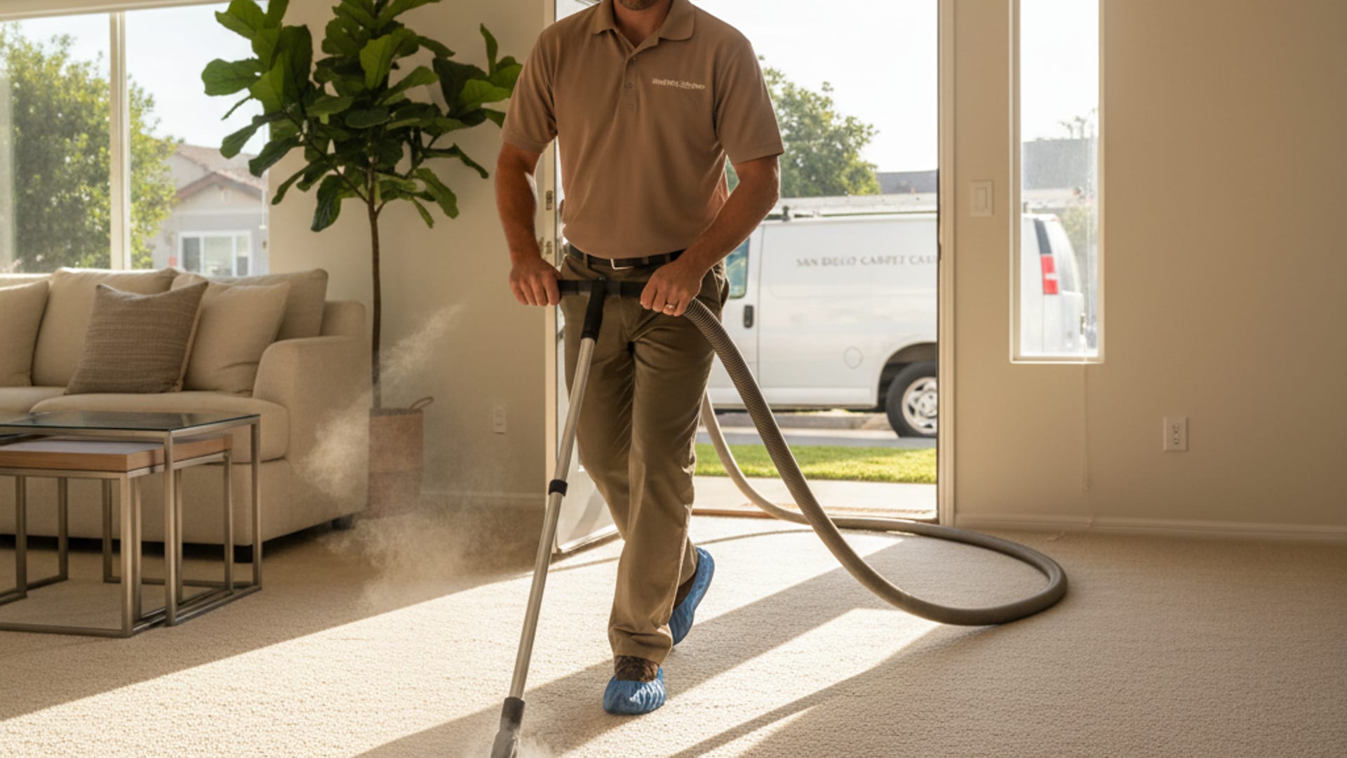 Carpet cleaning technician running a truck-mounted extraction wand across a living room carpet in a San Diego home