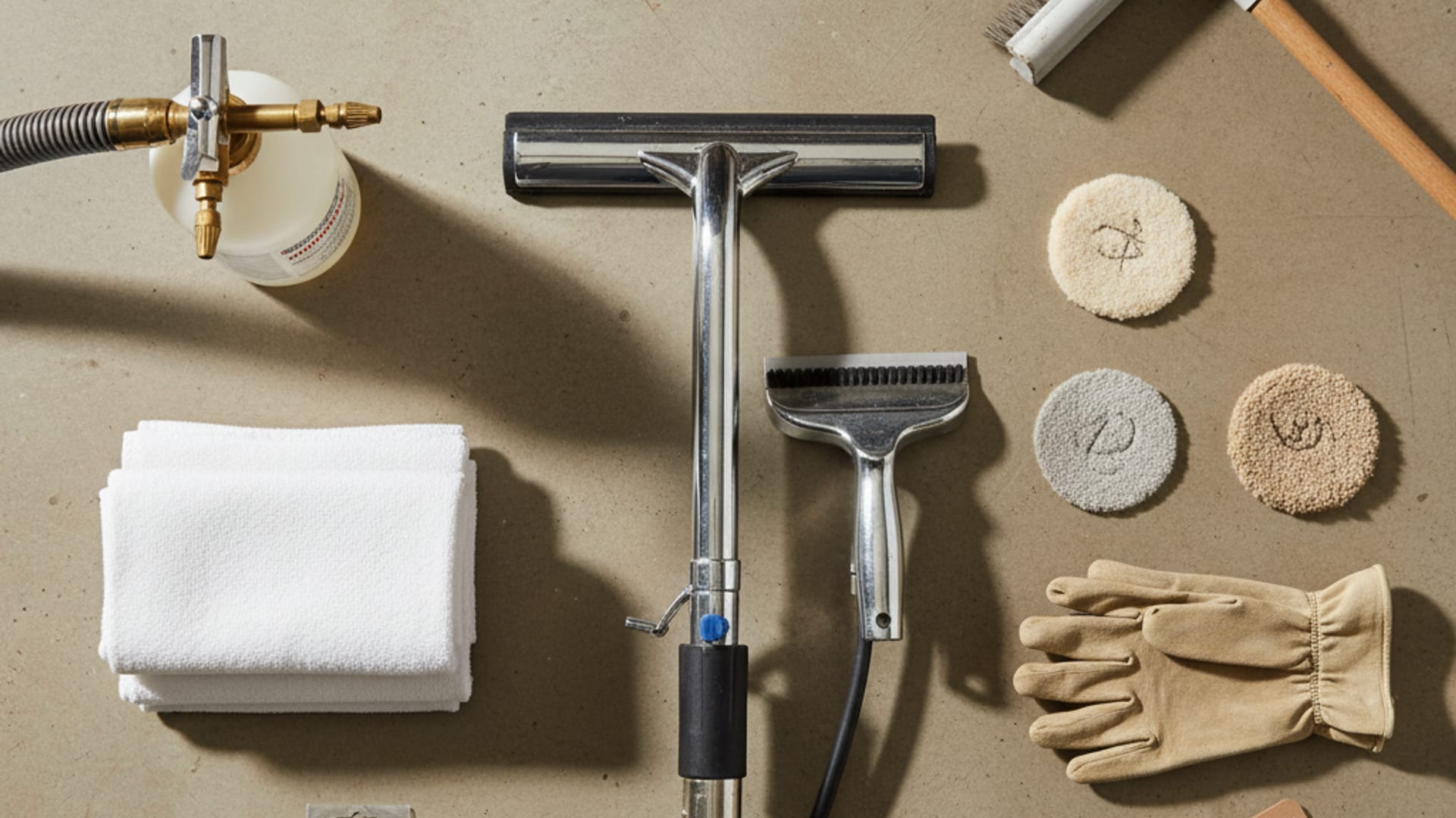 Overhead flat-lay of professional HVAC service equipment including refrigerant gauges, multimeter, capacitors, and tools on a clean work surface