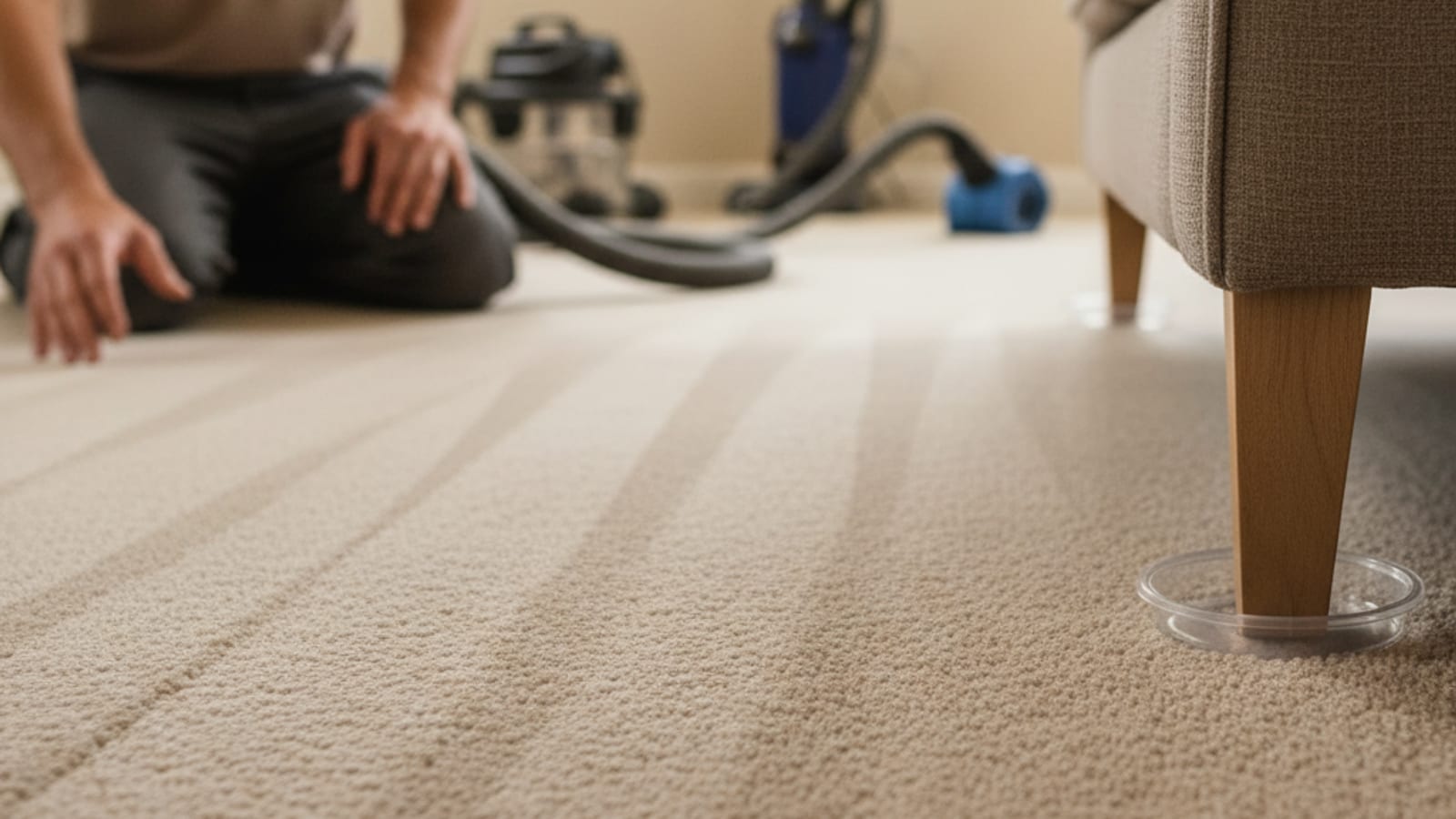 Close-up of a plastic furniture coaster placed under the leg of a wooden sofa on freshly cleaned light carpet