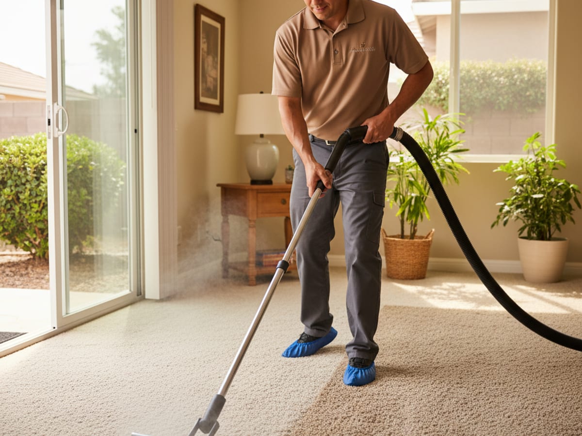 Carpet cleaning technician running a truck-mounted extraction wand across a living room carpet