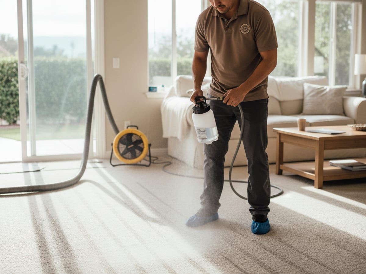 Technician applying a clear protector spray to freshly cleaned carpet with a pump-up sprayer
