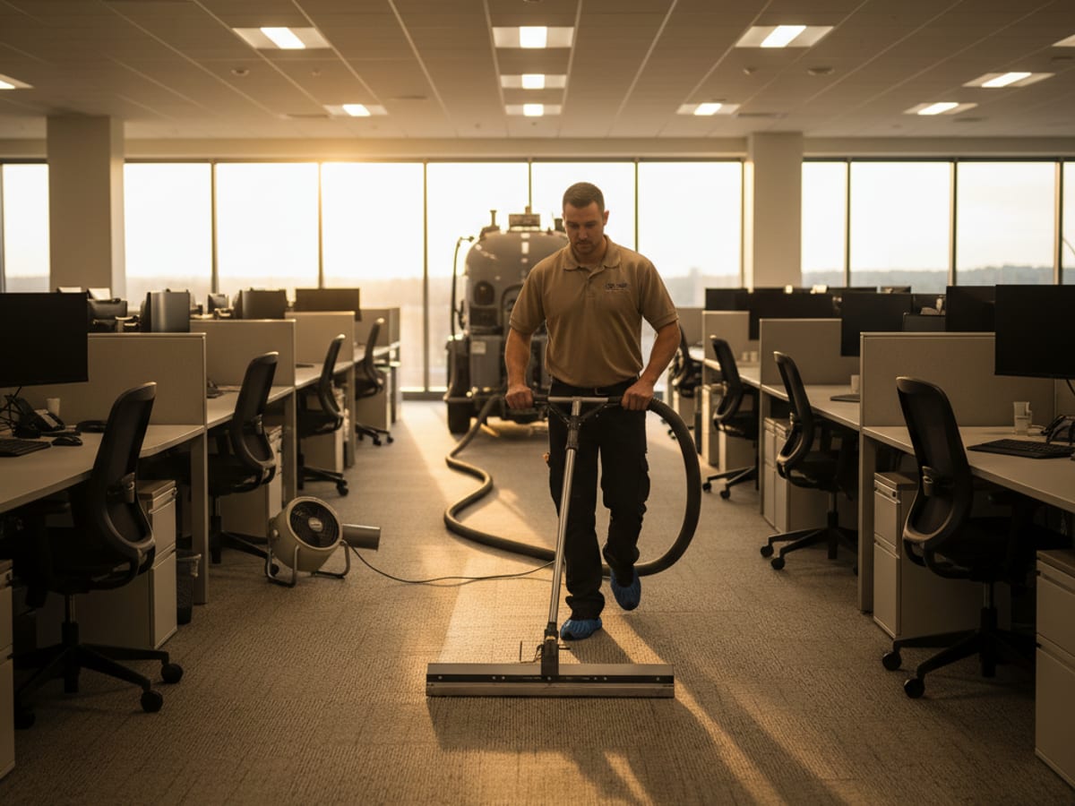 Commercial carpet cleaning technician running an extraction wand through an office open floor plan