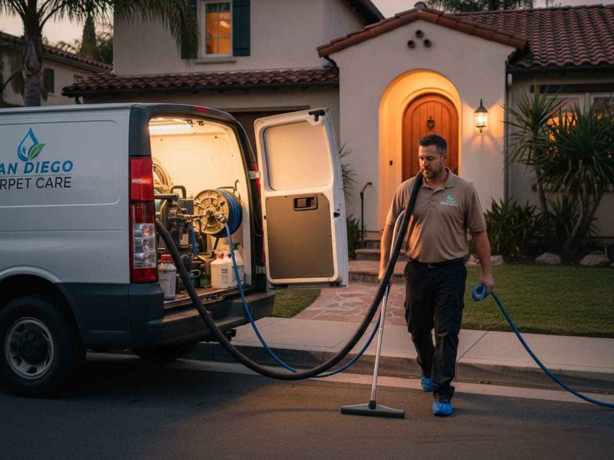 Carpet cleaning service van at night with lights on outside a San Diego home responding to a water emergency