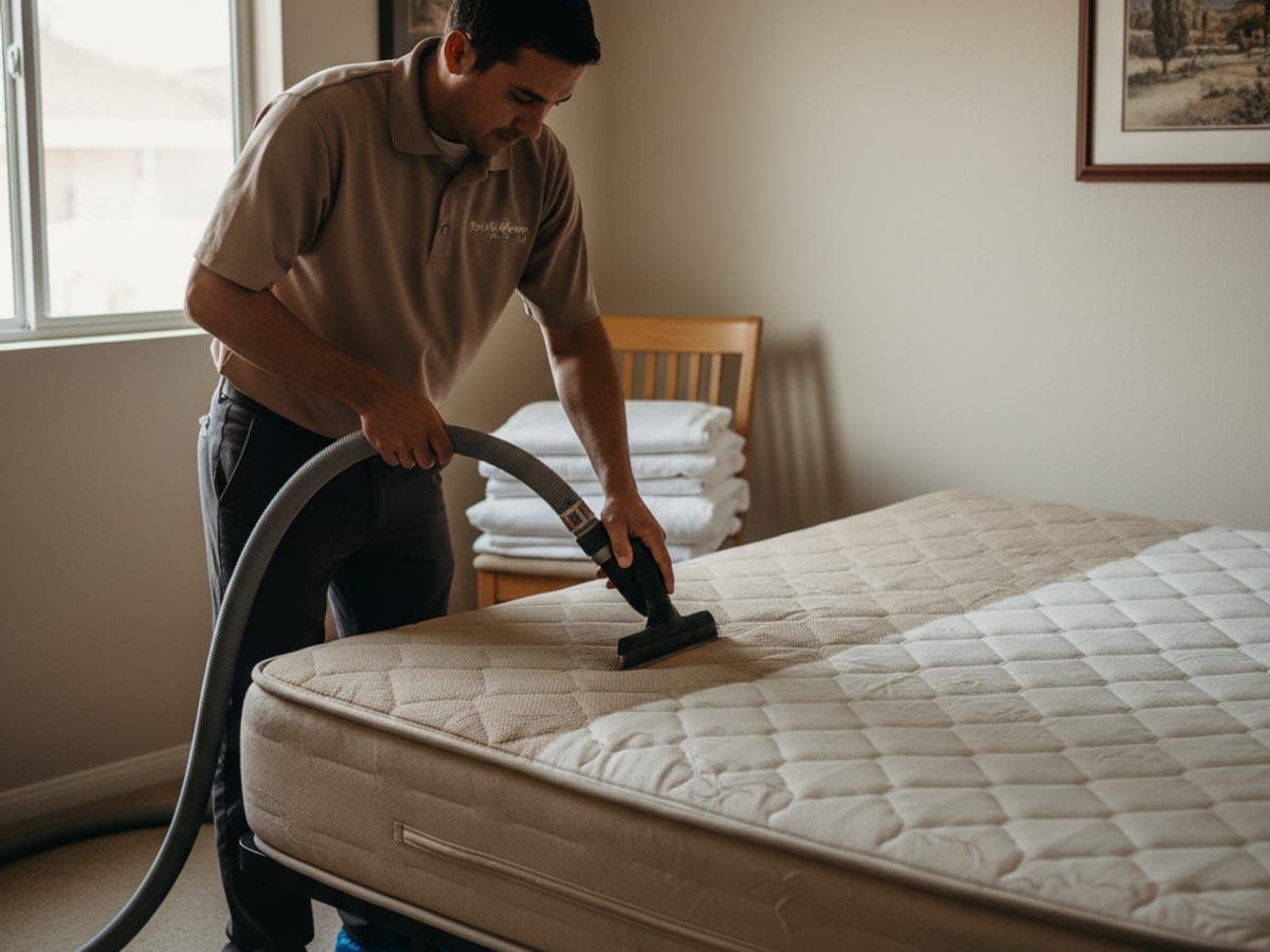 Mattress cleaning technician extracting a queen-size mattress with a handheld upholstery tool