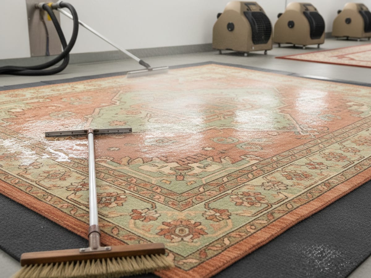 Hand-knotted wool rug laid flat on a rug-cleaning pad during the rinse stage