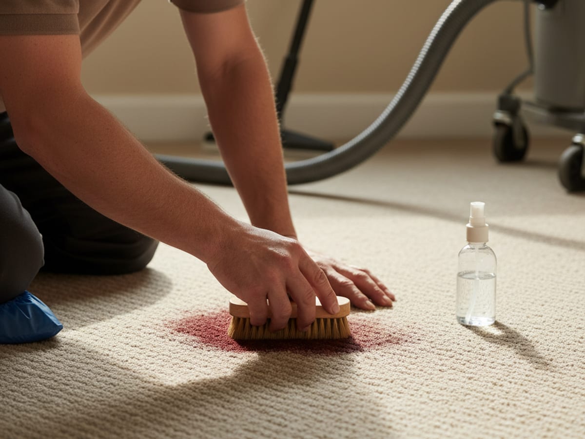 Carpet cleaning technician working a pre-treatment spotter into a red wine stain on light carpet