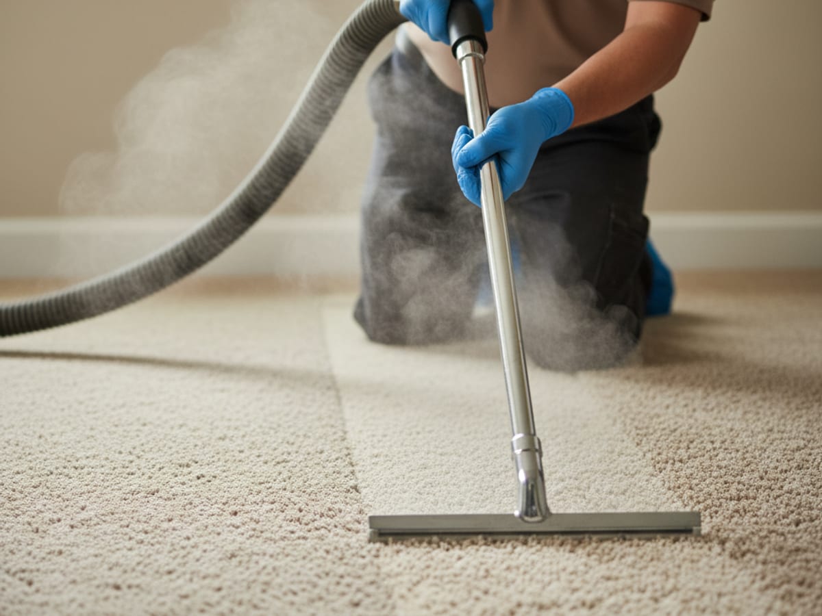 Steam rising from a carpet extraction wand as a technician cleans living-room carpet