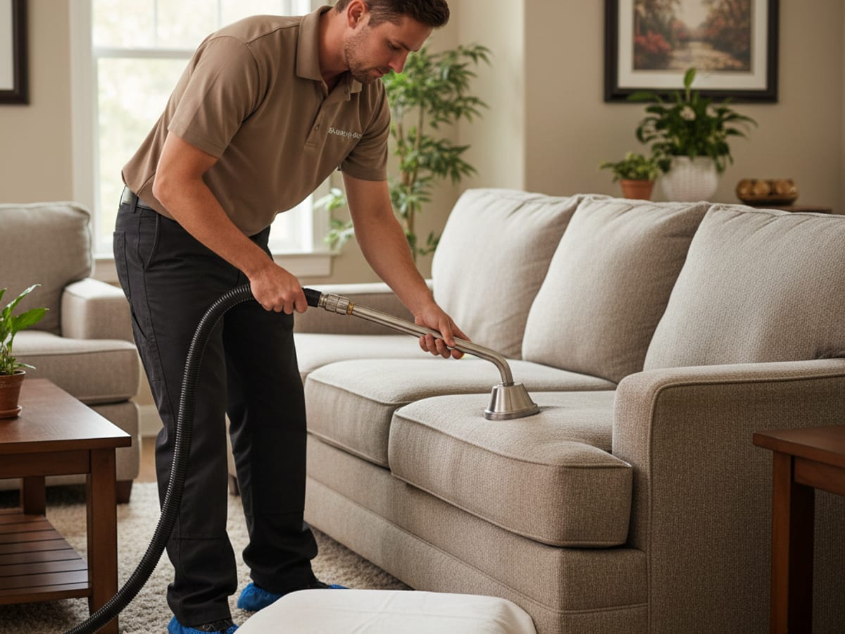 Carpet cleaning technician using a handheld upholstery tool to clean a fabric sofa cushion